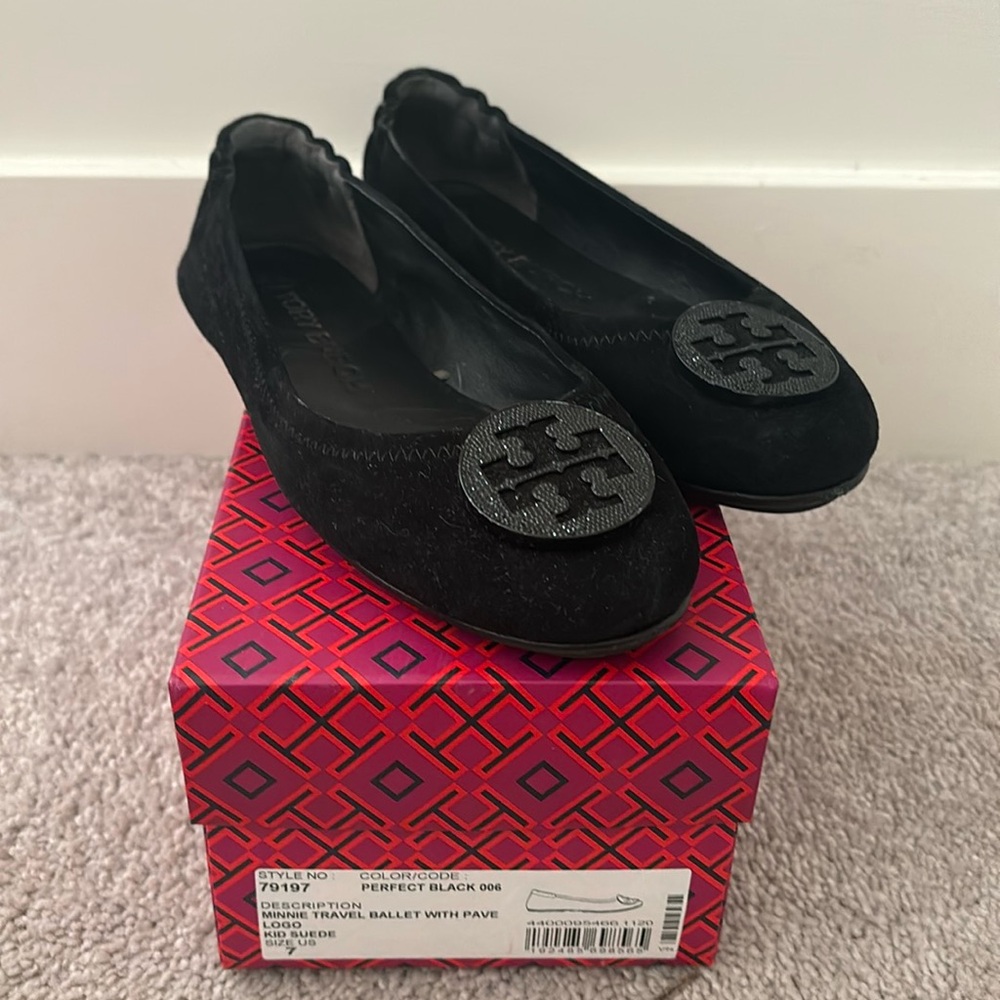 Tory Burch Minnie Travel Ballet with pave logo- black suede- size 7- Excellent!